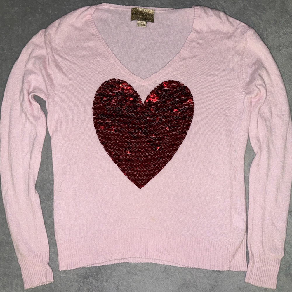 Wildfox Couture - Pink Angora Sweater with Sequin Red Heart - XS (loose fit)